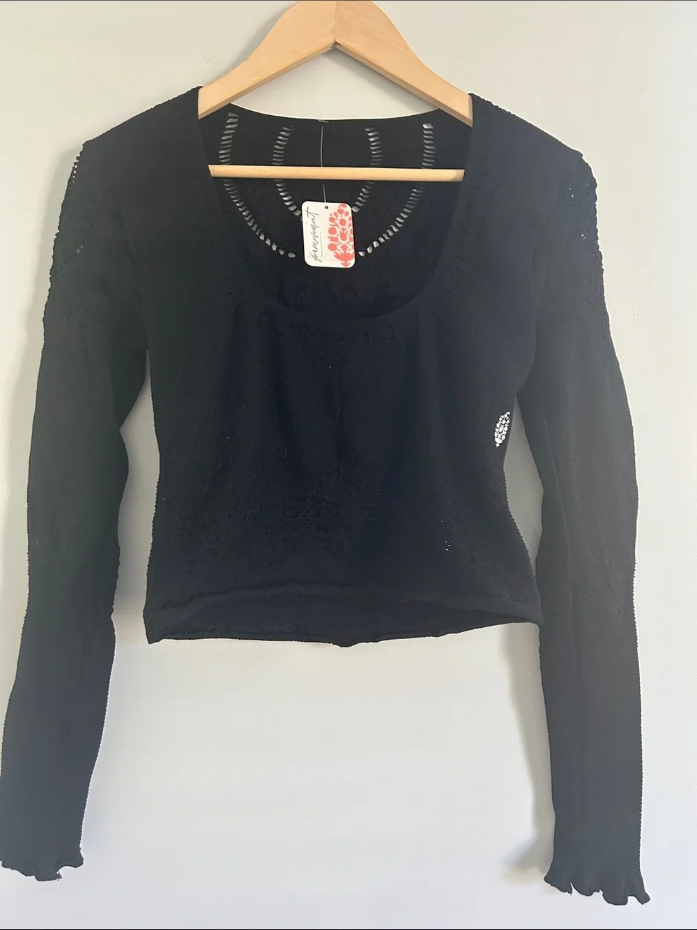 Free People Black Scoop Neck Long Sleeve Knit Top